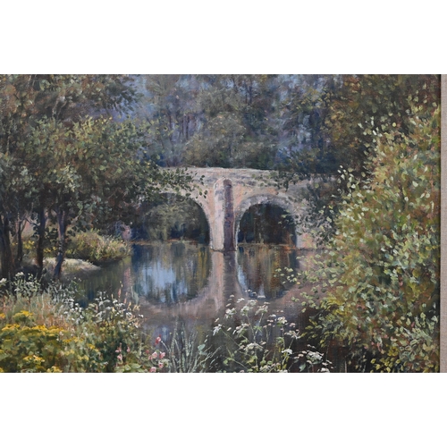 318 - Mervyn Goode - Midsummer river beside bridge, oil on canvas, signed, 69 x 64 cm c/w original bill of... 