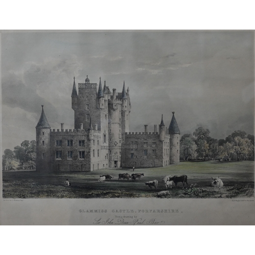 330 - A set of four shooting prints after Havell, 21 x 30 cm and a print of Glammiss Castle, Forfarshire t... 