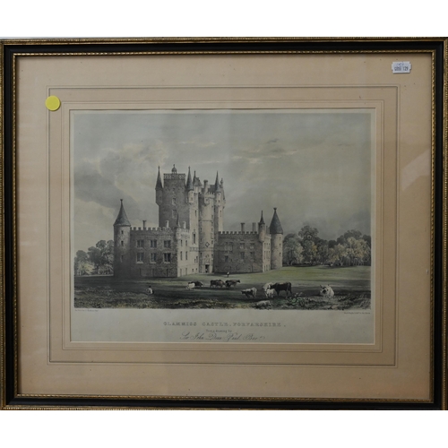 330 - A set of four shooting prints after Havell, 21 x 30 cm and a print of Glammiss Castle, Forfarshire t... 