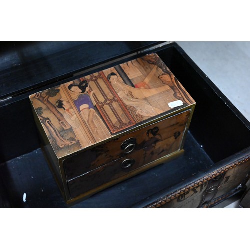 407 - A collection of Asian boxes and chests including a floral painted dome top trunk, jewellery boxes, t... 