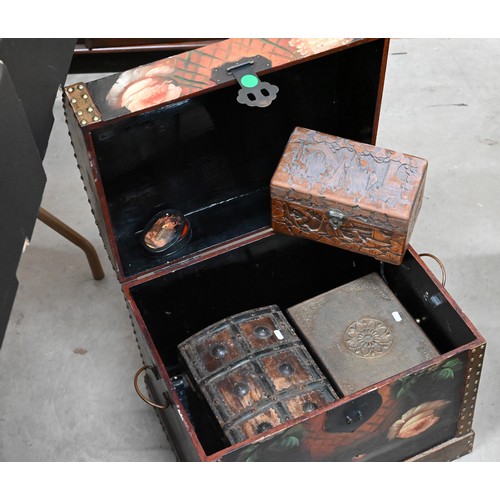 407 - A collection of Asian boxes and chests including a floral painted dome top trunk, jewellery boxes, t... 