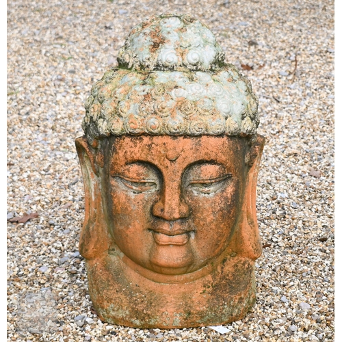 1 - A large weathered terracotta Buddha head garden feature, 70 cm h