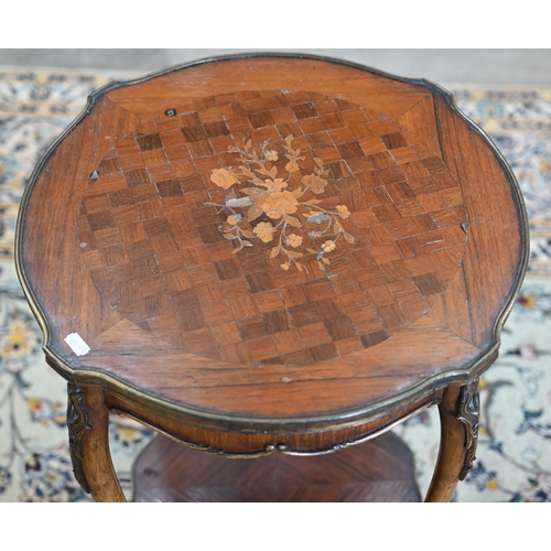 101 - An early 20th century kingwood and parquetry kidney shaped side table with under-tier, 52 cm w x 35 ... 