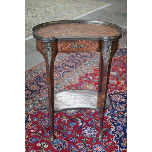 101 - An early 20th century kingwood and parquetry kidney shaped side table with under-tier, 52 cm w x 35 ... 