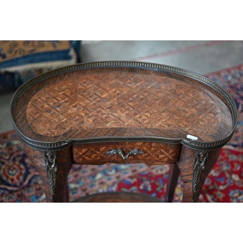 101 - An early 20th century kingwood and parquetry kidney shaped side table with under-tier, 52 cm w x 35 ... 