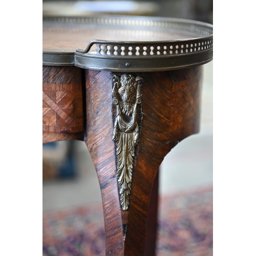 101 - An early 20th century kingwood and parquetry kidney shaped side table with under-tier, 52 cm w x 35 ... 