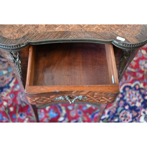 101 - An early 20th century kingwood and parquetry kidney shaped side table with under-tier, 52 cm w x 35 ... 