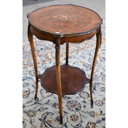 101 - An early 20th century kingwood and parquetry kidney shaped side table with under-tier, 52 cm w x 35 ... 