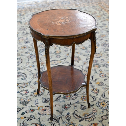 101 - An early 20th century kingwood and parquetry kidney shaped side table with under-tier, 52 cm w x 35 ... 