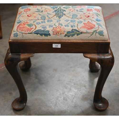 110 - A 19th century mahogany framed dressing table stool with floral tapestry pad seat and cabriole legs,... 