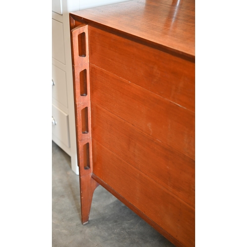 113 - A mid-century Danish influenced teak chest of four long drawers with pierced vertical strap handles ... 