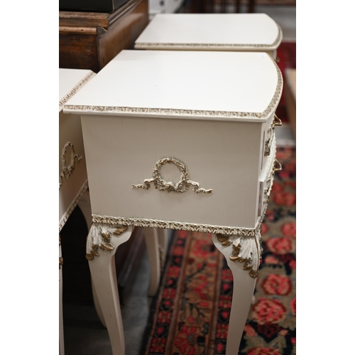 116 - Two pairs of Vintage French style painted two drawer bedside tables in the Louis XV manner, 38 cm w ... 