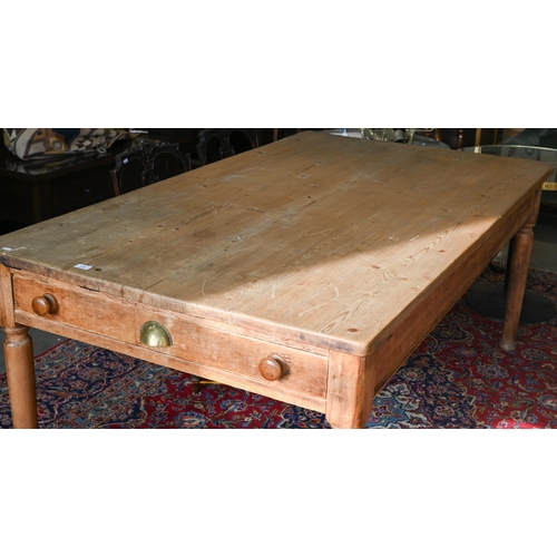 118 - A Victorian pine pantry table with drawer to one end, raised on turned legs, 180 cm x 104 cm x 75 cm... 