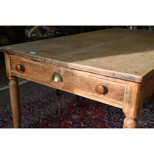 118 - A Victorian pine pantry table with drawer to one end, raised on turned legs, 180 cm x 104 cm x 75 cm... 