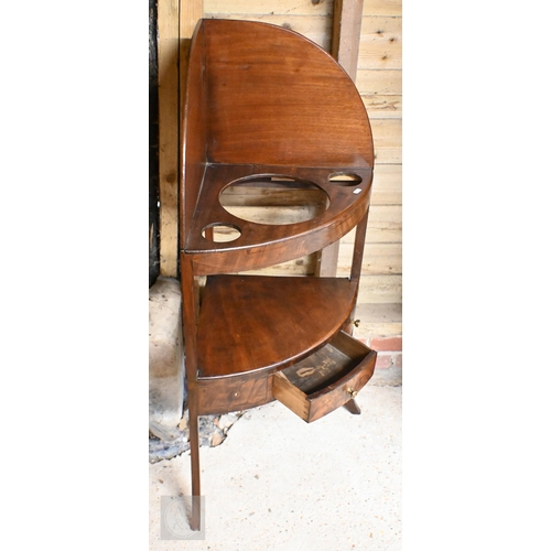 132 - A 19th century mahogany corner washstand with single drawer, 60 cm wide x 133 cm high