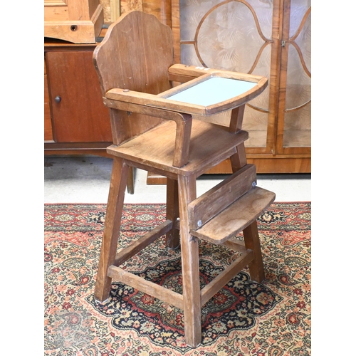 143 - A pair of antique mahogany carved and reeded bedposts, 175 cm high to/w vintage child's high chair (... 