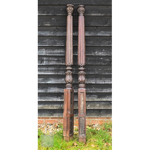 143 - A pair of antique mahogany carved and reeded bedposts, 175 cm high to/w vintage child's high chair (... 