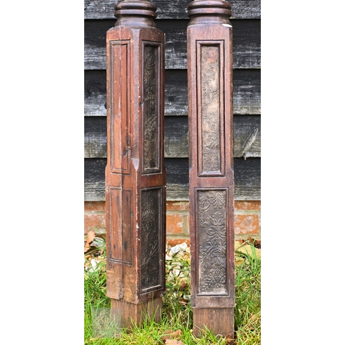 143 - A pair of antique mahogany carved and reeded bedposts, 175 cm high to/w vintage child's high chair (... 