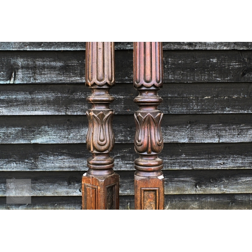 143 - A pair of antique mahogany carved and reeded bedposts, 175 cm high to/w vintage child's high chair (... 