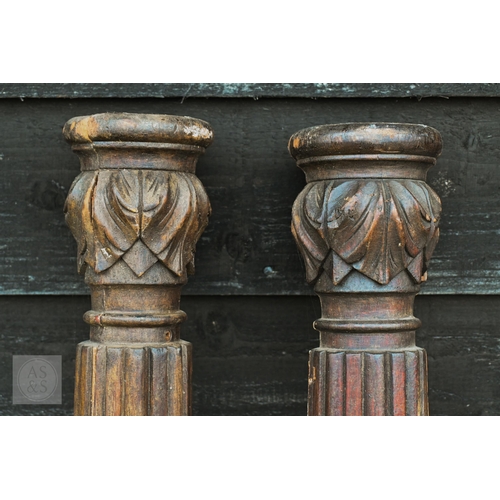 143 - A pair of antique mahogany carved and reeded bedposts, 175 cm high to/w vintage child's high chair (... 