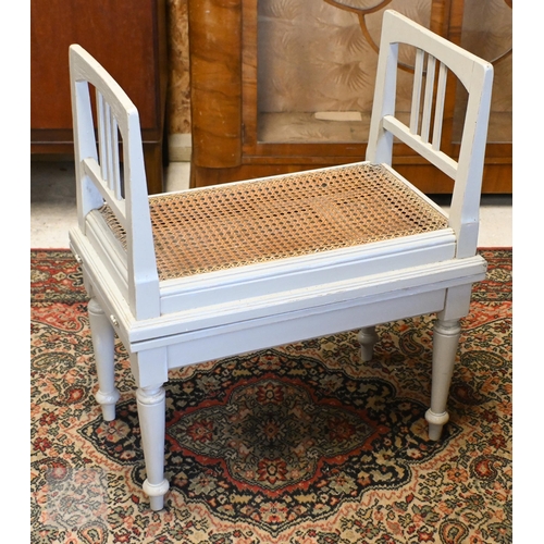 150 - A French painted drop leaf table to/w folding cane seated bidet stool in matching paint finish (2)