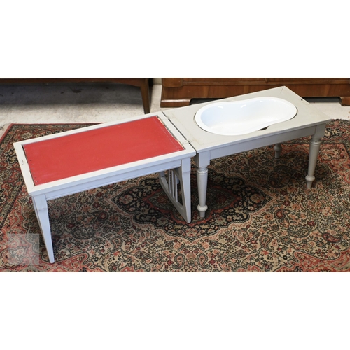 150 - A French painted drop leaf table to/w folding cane seated bidet stool in matching paint finish (2)