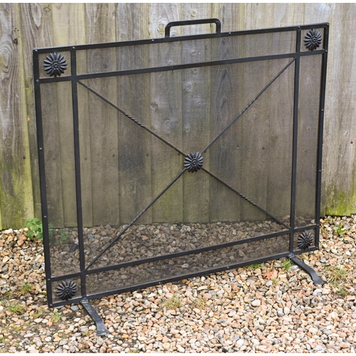 16 - A large steel and wire mesh spark guard to/w a wrought iron stick stand (2)