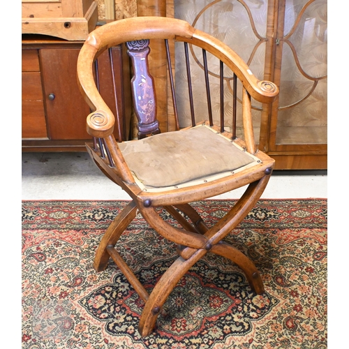 168 - An antique Savonarola style spindle back chair with bone and mother of pearl inlaid back to/w pokerw... 