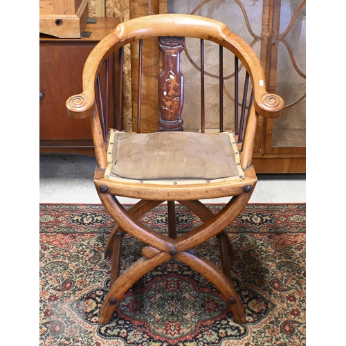 168 - An antique Savonarola style spindle back chair with bone and mother of pearl inlaid back to/w pokerw... 