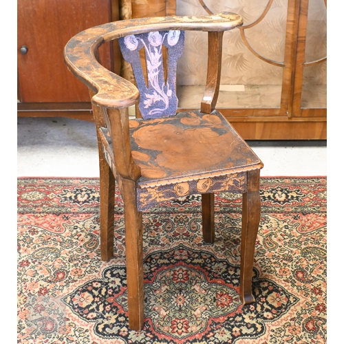 168 - An antique Savonarola style spindle back chair with bone and mother of pearl inlaid back to/w pokerw... 