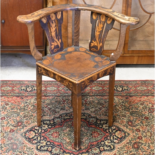 168 - An antique Savonarola style spindle back chair with bone and mother of pearl inlaid back to/w pokerw... 