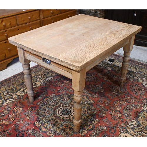 172 - A vintage pine kitchen dining table with end drawer on turned supports, 106 x 80 x 72 cm to/w harleq... 