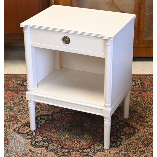 179 - A French style cream painted bedside table with single drawer, 46 x 36 x 60 cm high to/w duck-egg bl... 