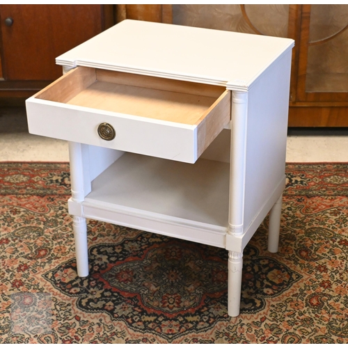 179 - A French style cream painted bedside table with single drawer, 46 x 36 x 60 cm high to/w duck-egg bl... 