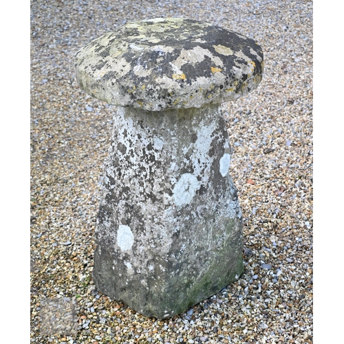 18 - A companion pair of antique hand cut staddle stones, the square tapering bases with circular caps (2... 