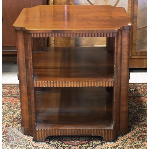 180 - An Art Deco style walnut quarter veneered three tier lamp table, 60 x 60 x 63 cm high