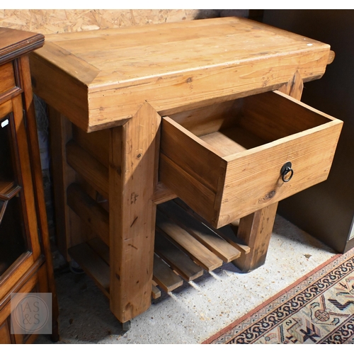 188 - A vintage waxed pine 'Butcher's block' kitchen unit with single drawer and slatter undertier, 100 x ... 