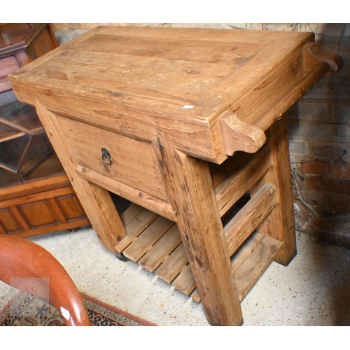 188 - A vintage waxed pine 'Butcher's block' kitchen unit with single drawer and slatter undertier, 100 x ... 