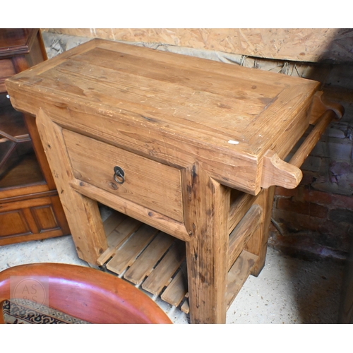 188 - A vintage waxed pine 'Butcher's block' kitchen unit with single drawer and slatter undertier, 100 x ... 