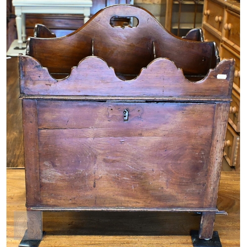 193 - A 19th century mahogany cellarette with compartmentalized hinged top enclosing fitted interior on sq... 