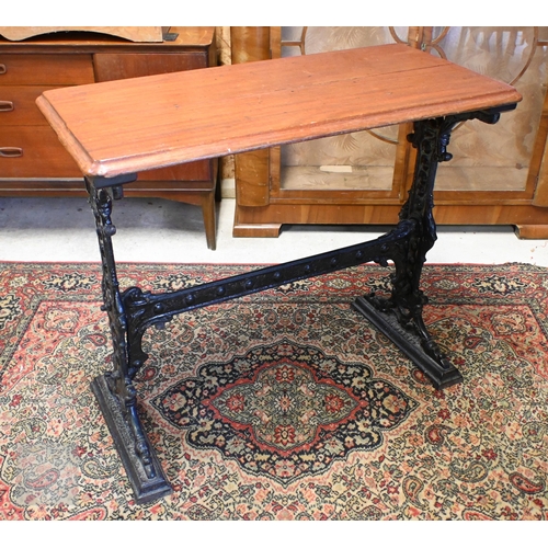 195 - Caskell Chambers Ltd, Liverpool Victorian cast iron bar table with stained hardwood top, 90 cm x 45 ... 