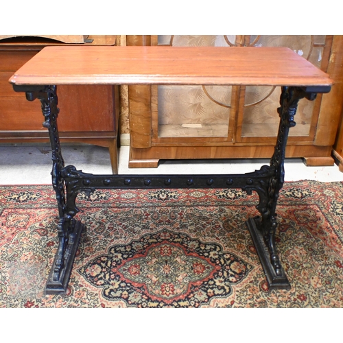 195 - Caskell Chambers Ltd, Liverpool Victorian cast iron bar table with stained hardwood top, 90 cm x 45 ... 