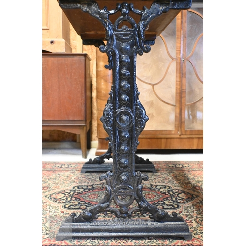 195 - Caskell Chambers Ltd, Liverpool Victorian cast iron bar table with stained hardwood top, 90 cm x 45 ... 