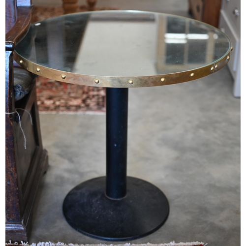 196 - Pair of circular mirror-topped tables with heavy cast iron bases, 70 cm dia x 64 cm h (2)