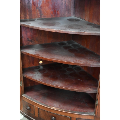 207 - An antique mahogany barrel front corner cupboard, 80 cm w x 120 cm h