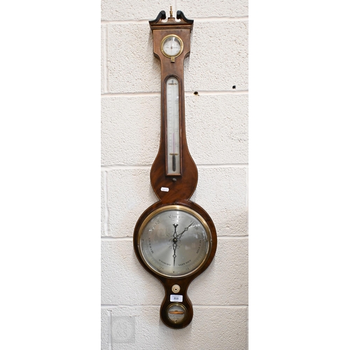 213 - Antique mahogany wheel barometer with silvered dials/registers by Martinelli & Sons, 98 cm h