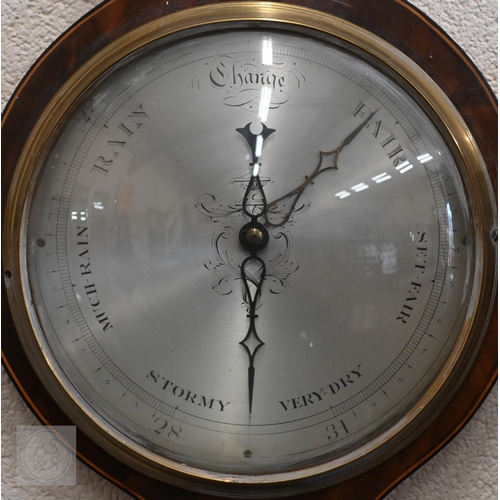 213 - Antique mahogany wheel barometer with silvered dials/registers by Martinelli & Sons, 98 cm h