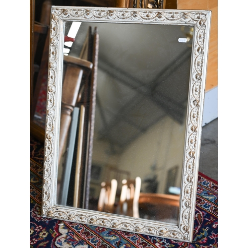 215 - Pair of wall mirrors with bevelled plates and bronzed moulded frames, 42 x 104 cm, to/w two other wa... 