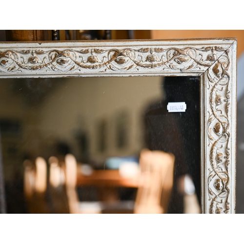 215 - Pair of wall mirrors with bevelled plates and bronzed moulded frames, 42 x 104 cm, to/w two other wa... 