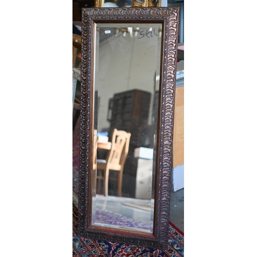 215 - Pair of wall mirrors with bevelled plates and bronzed moulded frames, 42 x 104 cm, to/w two other wa... 